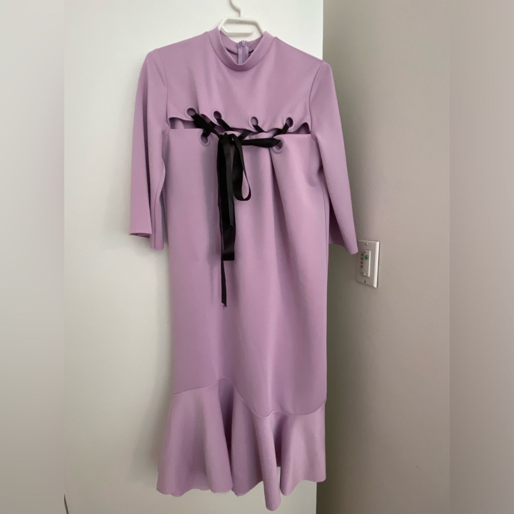 Lilac Midi Dress with Black Ribbon